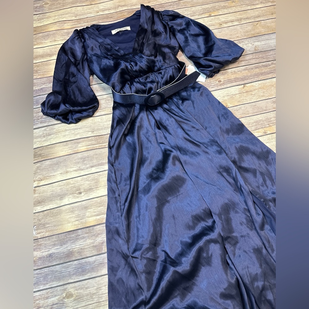 Taylor Satin Crinkle Crepe Surplice V-Neck Elbow Puff Sleeve Belted Maxi Dress 2 - Picture 5 of 9